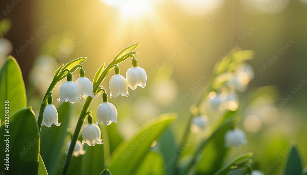 Delicate white lilies of the valley blooming in soft sunlight