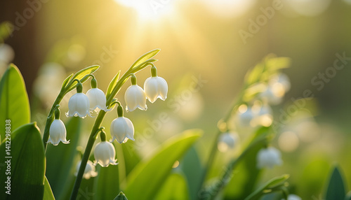 Obraz na płótnie Delicate white lilies of the valley blooming in soft sunlight w salonie