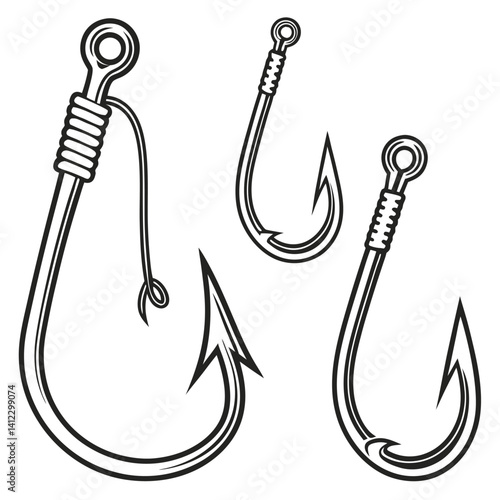 Detailed line art illustration of different types of fishing hooks