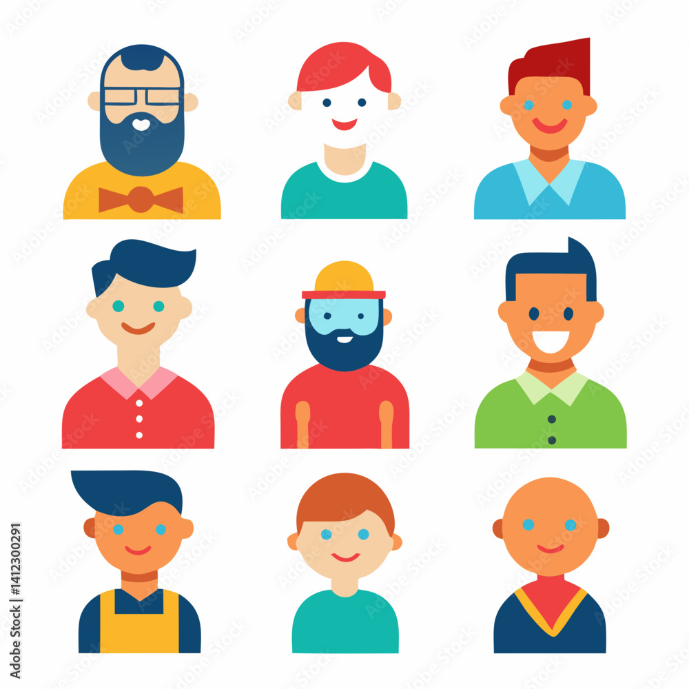 A diverse group of happy smiling people, showcasing individuality and vibrant personalities with a flat, bold design. A diverse group of happy smiling people, showcasing individuality and vibrant personalities with a flat, bold design.