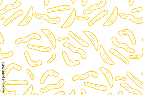  Seamless pattern of Cute minimalist French fries doodle. Yellow snack and chips isolated in white background. Simple snack motives wallpaper background.

