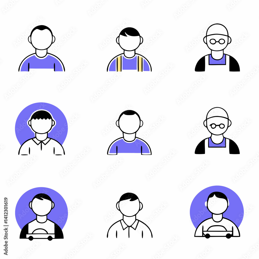 Diverse user profile icons showcasing various professions in a simple, clean, and modern style with subtle purple accents. Diverse user profile icons showcasing various professions in a simple, clean, and modern style with subtle purple accents.
