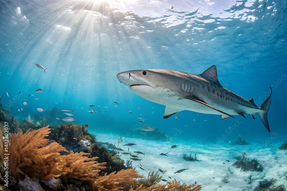 Obraz premium A white-faced shark swimming in profile in a large tank in the bottom of a fish tank in the aquarium