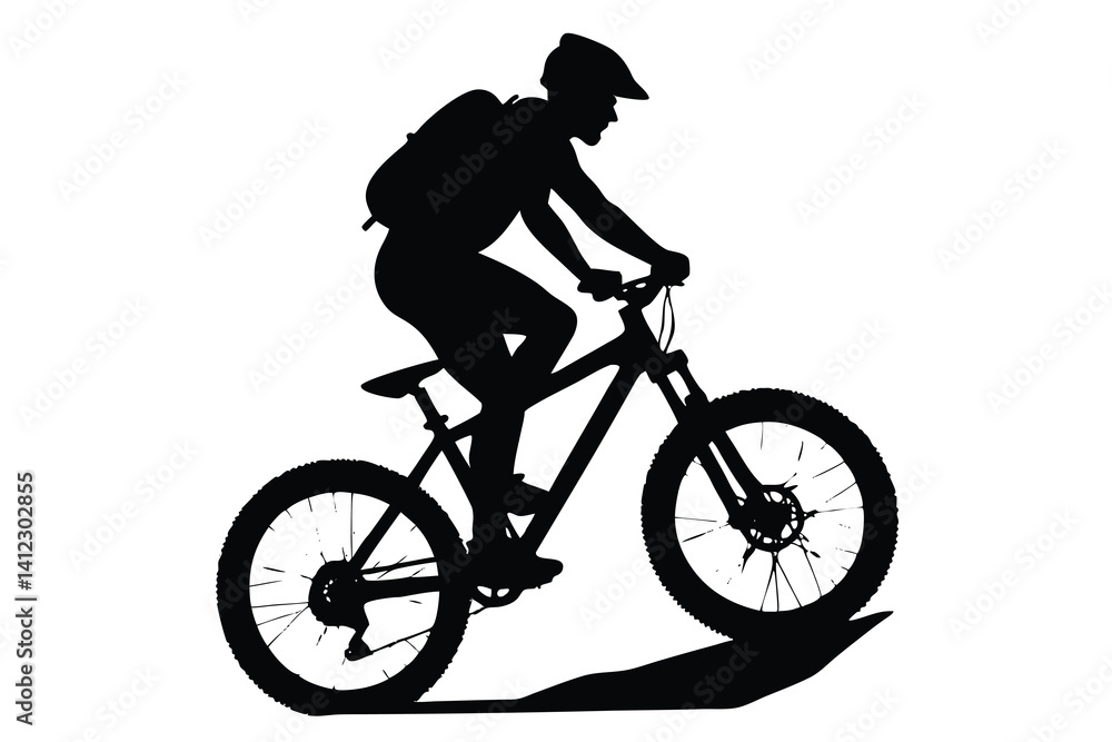 Silhouette of Biker on Mountain Bike with Backpack and Helmet on White Silhouette of Biker on Mountain Bike with Backpack and Helmet on White