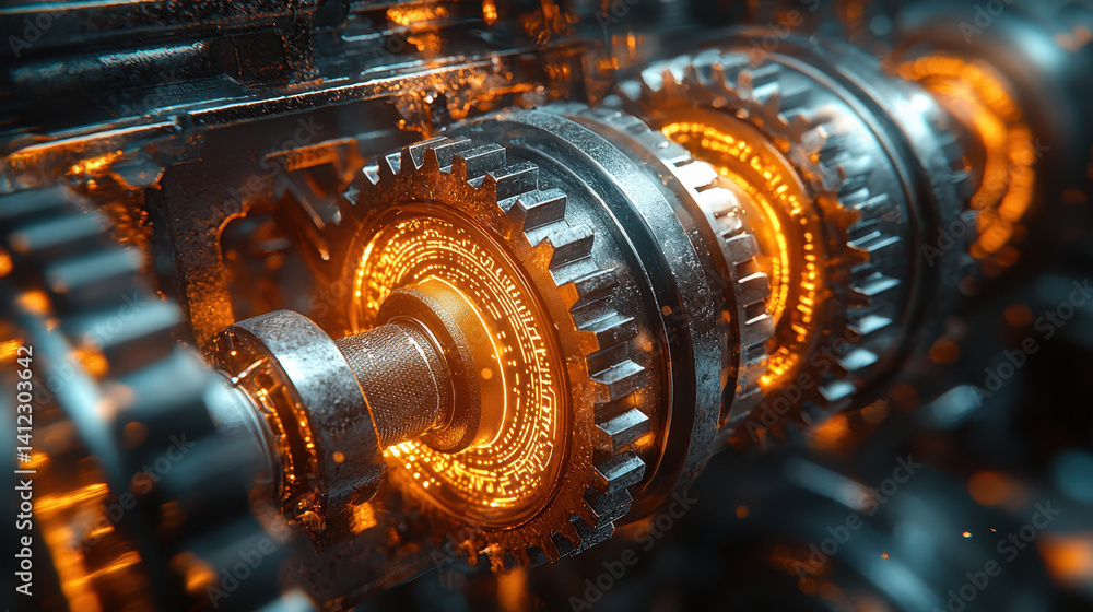 Visual metaphor of optimized efficiency with transforming gears into glowing data streams in an abstract concept art design Visual metaphor of optimized efficiency with transforming gears into glowing data streams in an abstract concept art design
