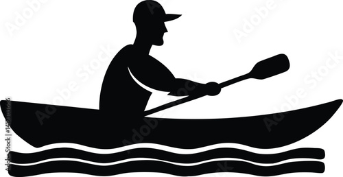 Silhouette of Man Paddling Kayak on Water with Transparent Background, Wearing a Hat