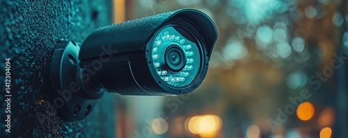 Outdoor security camera mounted on a wall