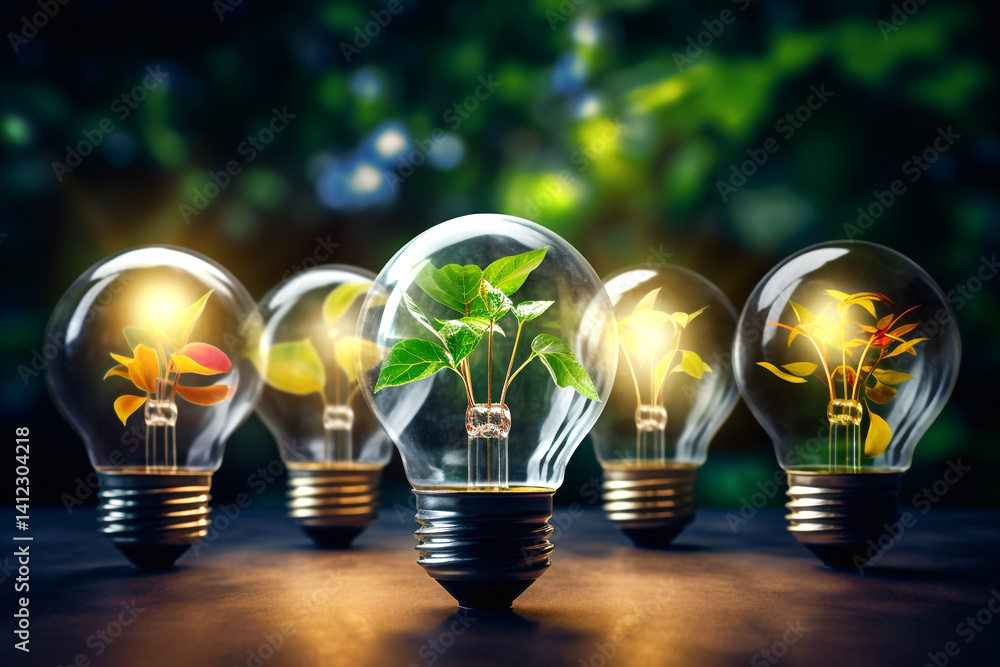Energy-saving concept with LED light bulbs and green plant on a bright background. Symbolizing sustainability, ESG goals, and the transition to renewable sources