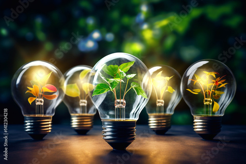 Obraz na płótnie Energy-saving concept with LED light bulbs and green plant on a bright background. Symbolizing sustainability, ESG goals, and the transition to renewable sources w salonie