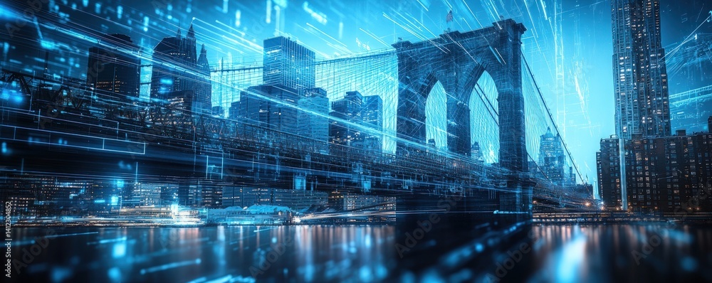 Obraz premium Futuristic City Skyline with Digital Overlay