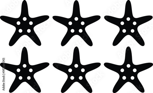 Six Black Starfish Silhouette with White Spots on Transparent Background
