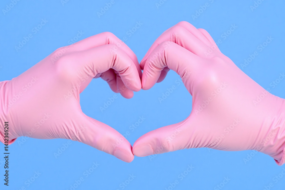Fototapeta premium two pink gloves making a heart shape with their hands