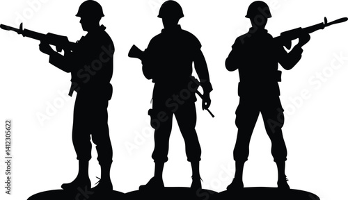Three Armed Soldiers Silhouette with Rifles Wearing Helmets on White Backdrop