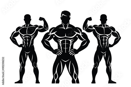 Three Male Bodybuilders Flexing Muscles Silhouette On White Background Design
