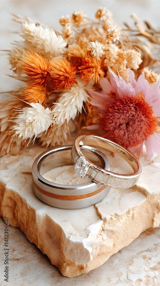 A close-up of elegant wedding rings resting on a textured sandstone rock, blending natural beauty with romantic symbolism in a minimalist outdoor setting.