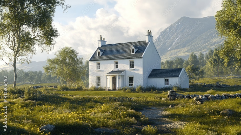 Obraz premium Picturesque white farmhouse nestled in a grassy meadow, surrounded by trees and mountains