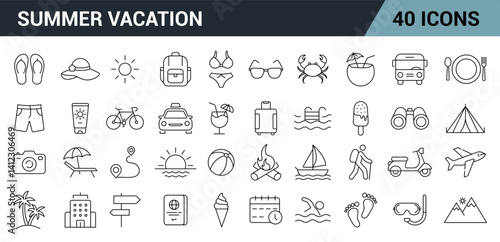 Summer Vacation Line Editable Icons Set. Includes beach, travel, activities, relaxation, weather, vacation environment, symbols. Vector illustration.