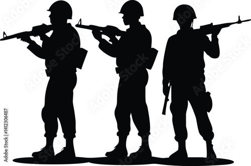 Three Silhouetted Army Men Holding Rifles and Standing Together in Solidarity