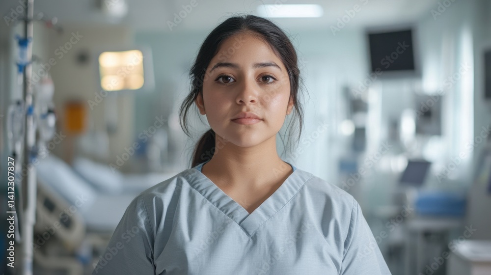 Fototapeta premium A young Latina woman dressed in scrubs stands confidently in a modern healthcare setting, embodying professionalism and dedication to patient care.