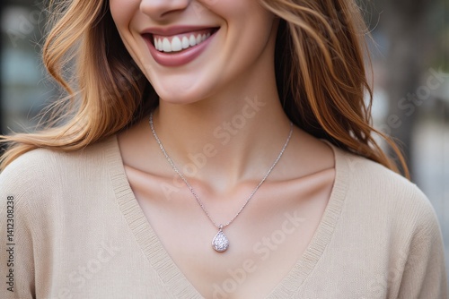 woman wearing a necklace with a diamond on it