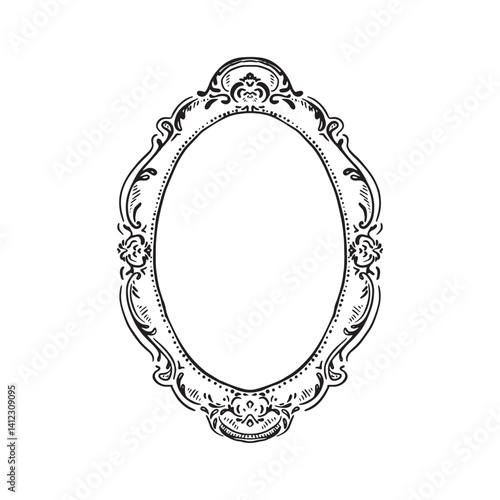 A french style frame in baroque vintage romantic feminine style. Hand drawn in black line. 