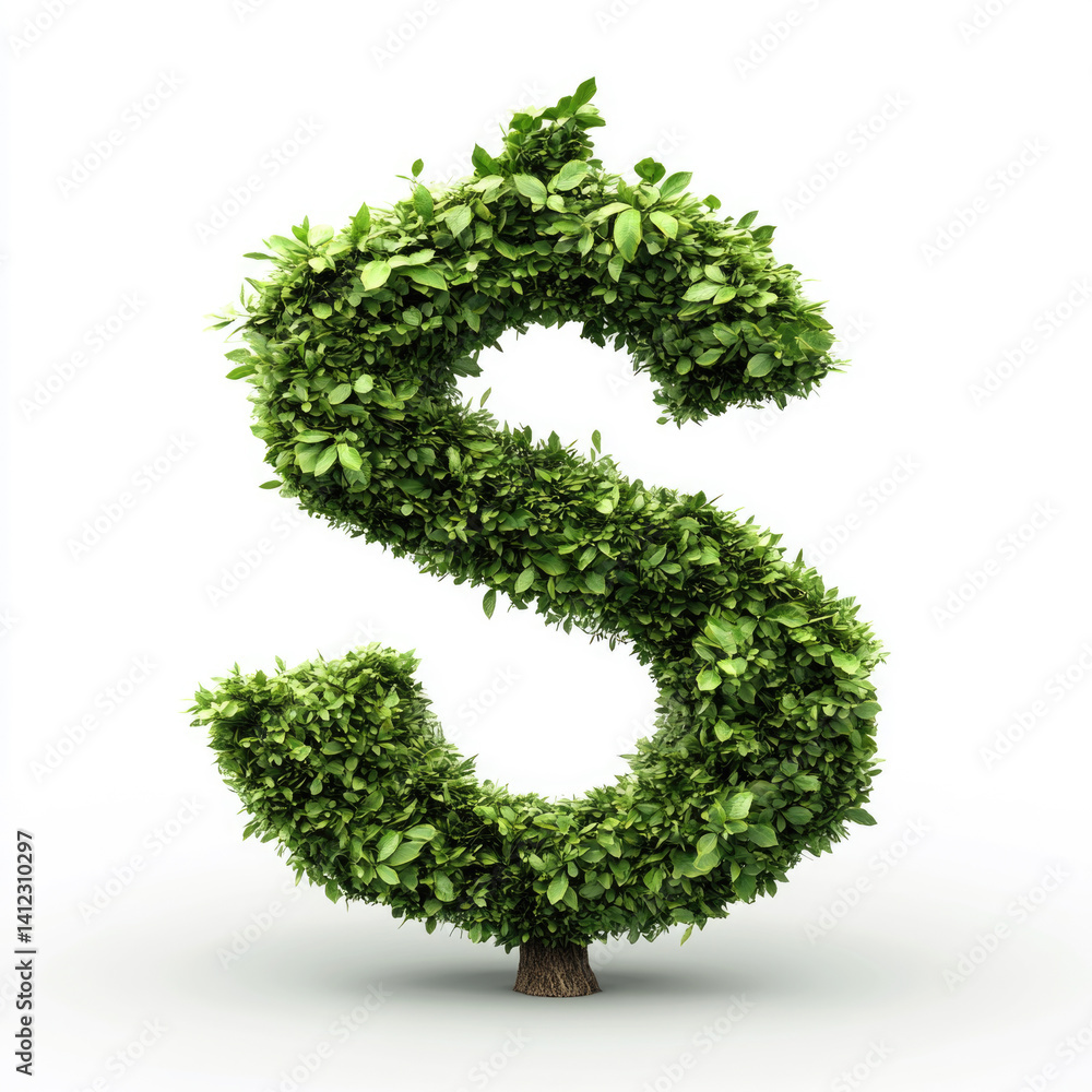 Green dollar sign shaped tree made of leaves symbolizing wealth and nature isolated on white background Green dollar sign shaped tree made of leaves symbolizing wealth and nature isolated on white background