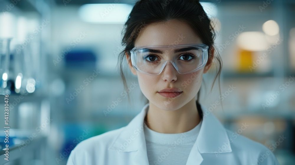 Fototapeta premium A young female scientist in a lab coat and glasses focuses on her research. The modern laboratory setting highlights her commitment to science and discovery.