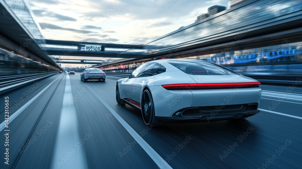 Futuristic white car speeding on city highway with elevated road and blurred background Futuristic white car speeding on city highway with elevated road and blurred background