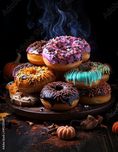 Stack of Halloween-Themed Donuts with Spooky Smoke.

