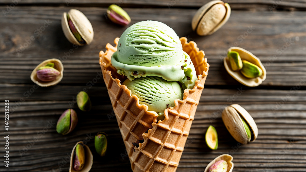 Refreshing pistachio ice cream in waffle cone Refreshing pistachio ice cream in waffle cone