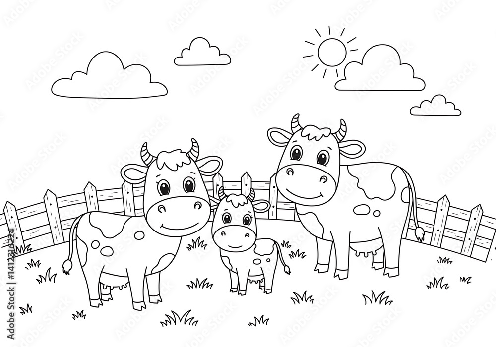 Obraz premium Adorable cow family in a sunny pasture simple line drawing perfect for coloring