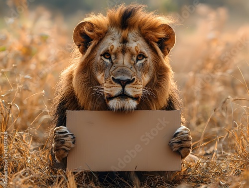 Majestic lion holds a blank cardboard sign in the golden savanna