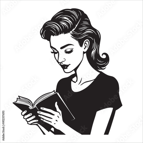 Vintage woman reading book cartoon illustration in black and white retro comic pop art drawing style.
