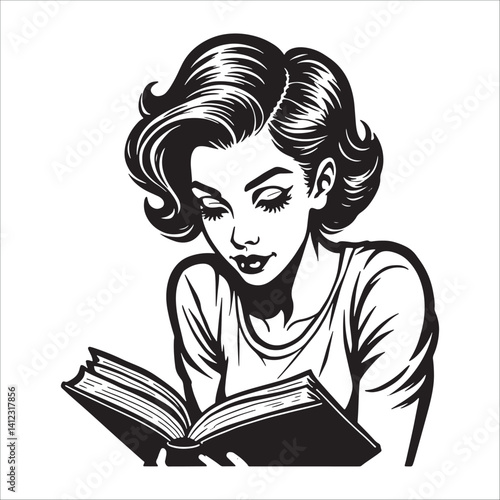 Vintage woman reading book cartoon illustration in black and white retro comic pop art drawing style.