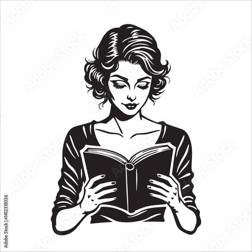 Vintage woman reading book cartoon illustration in black and white retro comic pop art drawing style.