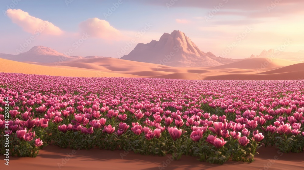 Fototapeta premium Pink tulip field blooms in a desert landscape.