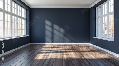 Wallpaper Mural Dark blue empty living room with windows, parquet floor and mockup posters. Torontodigital.ca