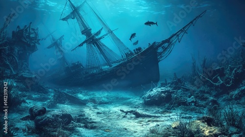 Blue underwater landscape with sunken ship, sharks, and seaweeds