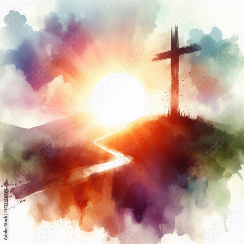 Watercolor Cross on a Hill at Sunset – Christian Hope and Resurrection Concept. AI generated illustration