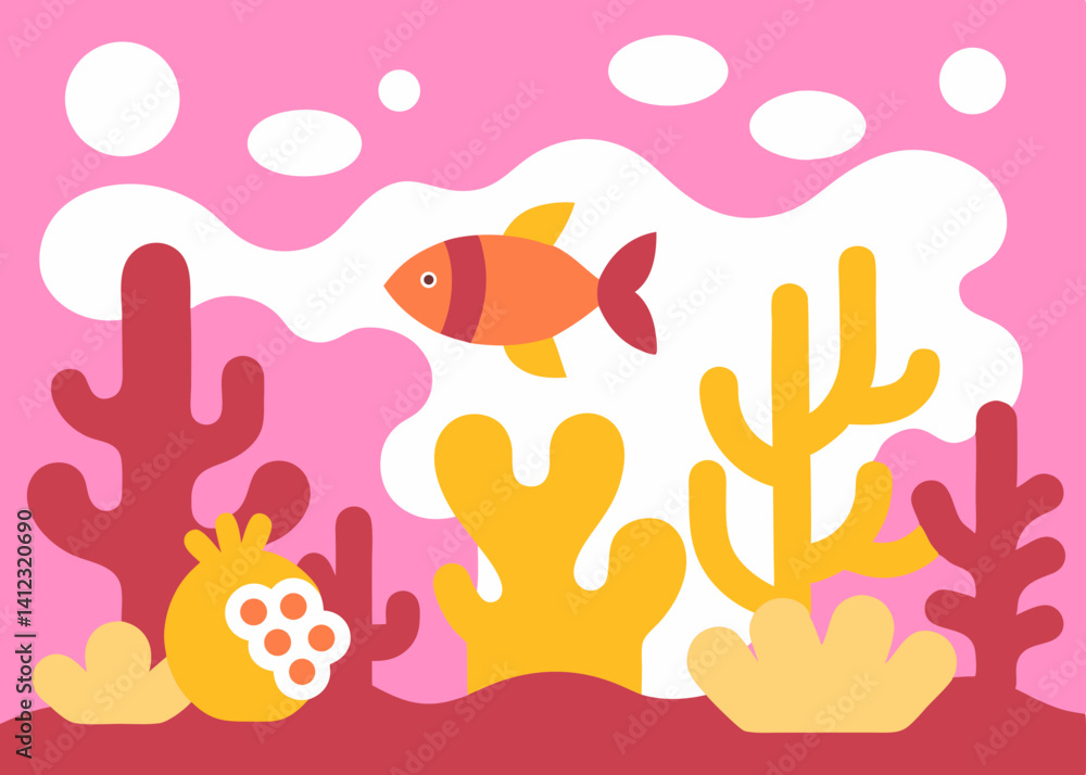 A playful orange fish explores a whimsical underwater world of coral and bubbly pink water with bold graphic shapes and a vibrant color palette. A playful orange fish explores a whimsical underwater world of coral and bubbly pink water with bold graphic shapes and a vibrant color palette.