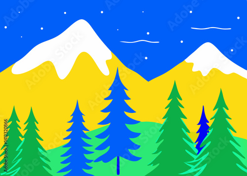 A serene winter mountain landscape at twilight, featuring snow-capped peaks and vibrant evergreen trees under a starry sky with bold color blocks.