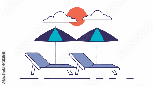 Peaceful sunset escape: Two lounge chairs under beach umbrellas, promising tranquility and relaxation with a simple line art style.
