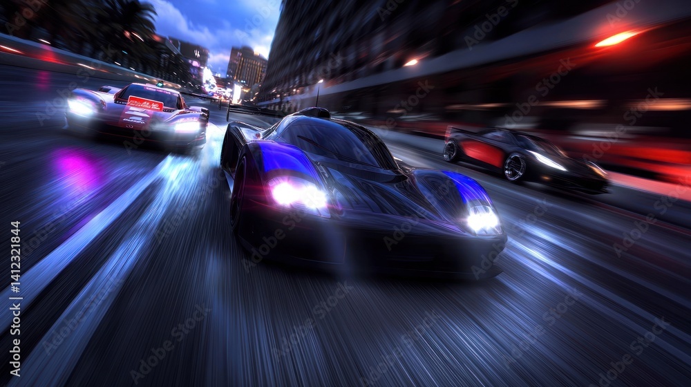 Racing cars speeding down city street at night Racing cars speeding down city street at night