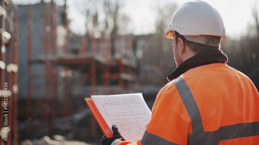 Obraz premium Site supervisor inspecting safety compliance at an active construction zone. Featuring adherence to regulations