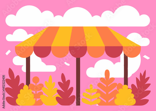 A cheerful market stall under a striped awning on a sunny day, surrounded by vibrant foliage and fluffy clouds in a playful, minimalist style.