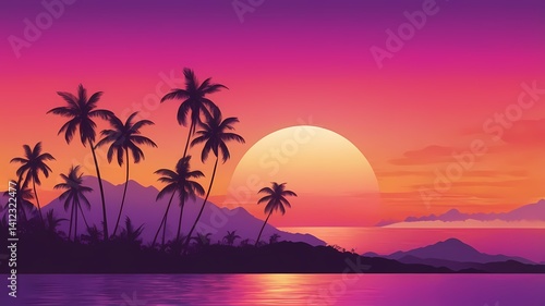 Tropical sunset gradient, smooth blend of pink, orange, and deep purple