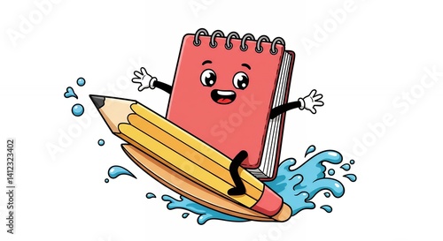 Cute notebook and pencil surfing cartoon design