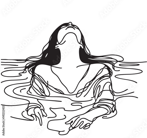 A depressed woman drowns in water. Line sketch