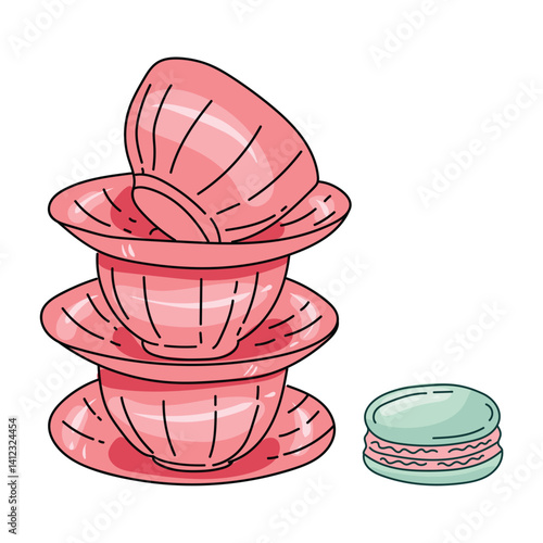 Cute ceramic coffee and tea cup for tea party with stack of vintage cups and macaroon hand drawn. Vintage sticker for kitchen decor and scrapbook. Vector isolated illustration.