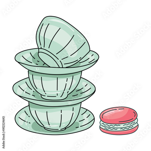 Cute ceramic coffee and tea cup for tea party with stack of vintage cups and macaroon hand drawn. Vintage sticker for kitchen decor and scrapbook. Vector isolated illustration.
